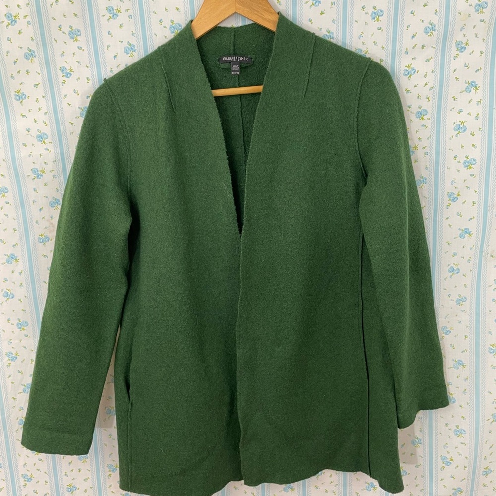 Dark Green Wool Open Front Cardigan - Eileen Fisher Petite size PP